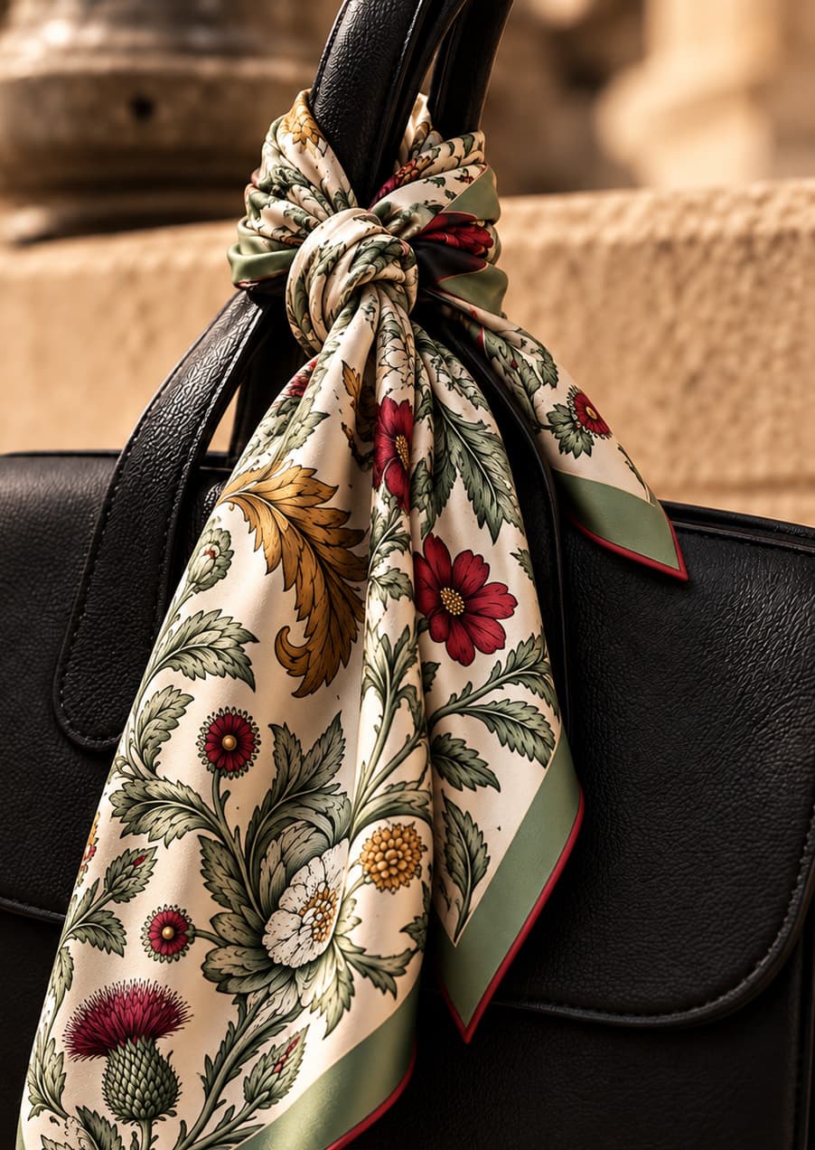 Floral silk scarf tied to the handle of a black leather bag.