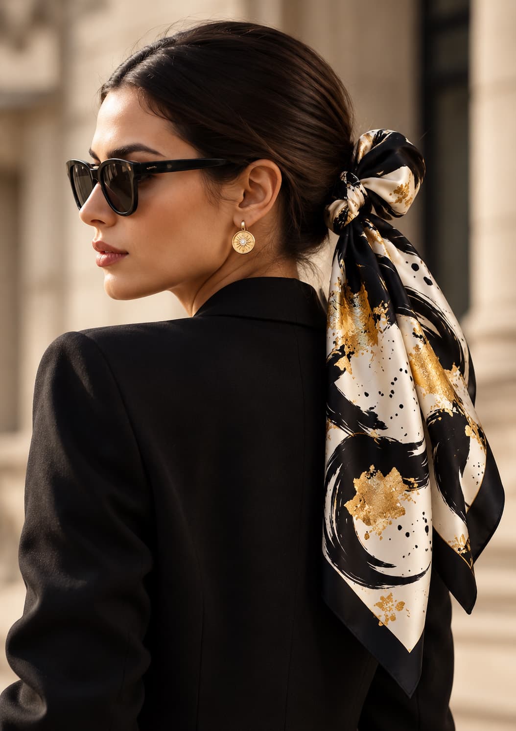 Black and gold silk scarf tied in a low bun, worn with a black jacket.