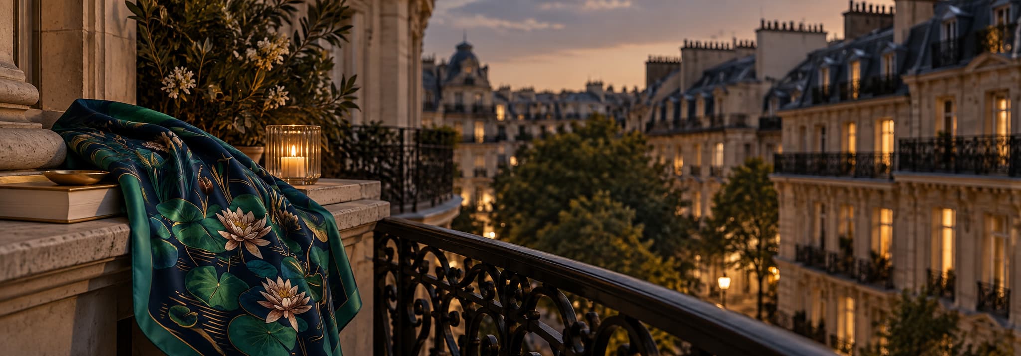 Un carré de soie posé sur un balcon haussmannien au crépuscule.