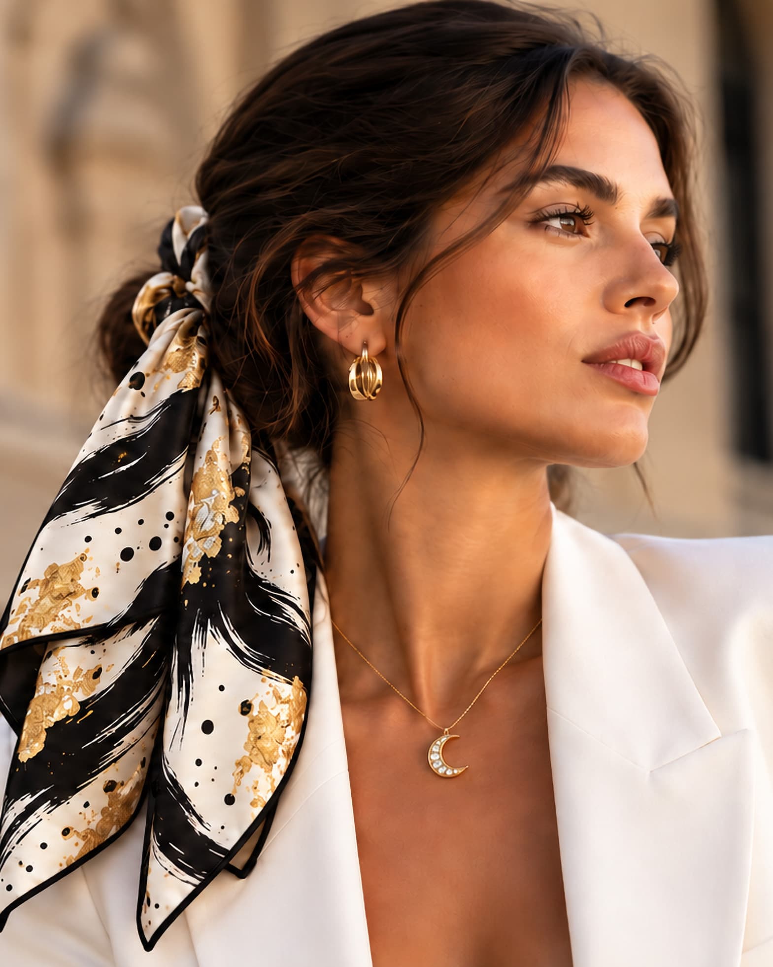 Un carré de soie noué dans les cheveux, un pendentif croissant de lune doré au cou.