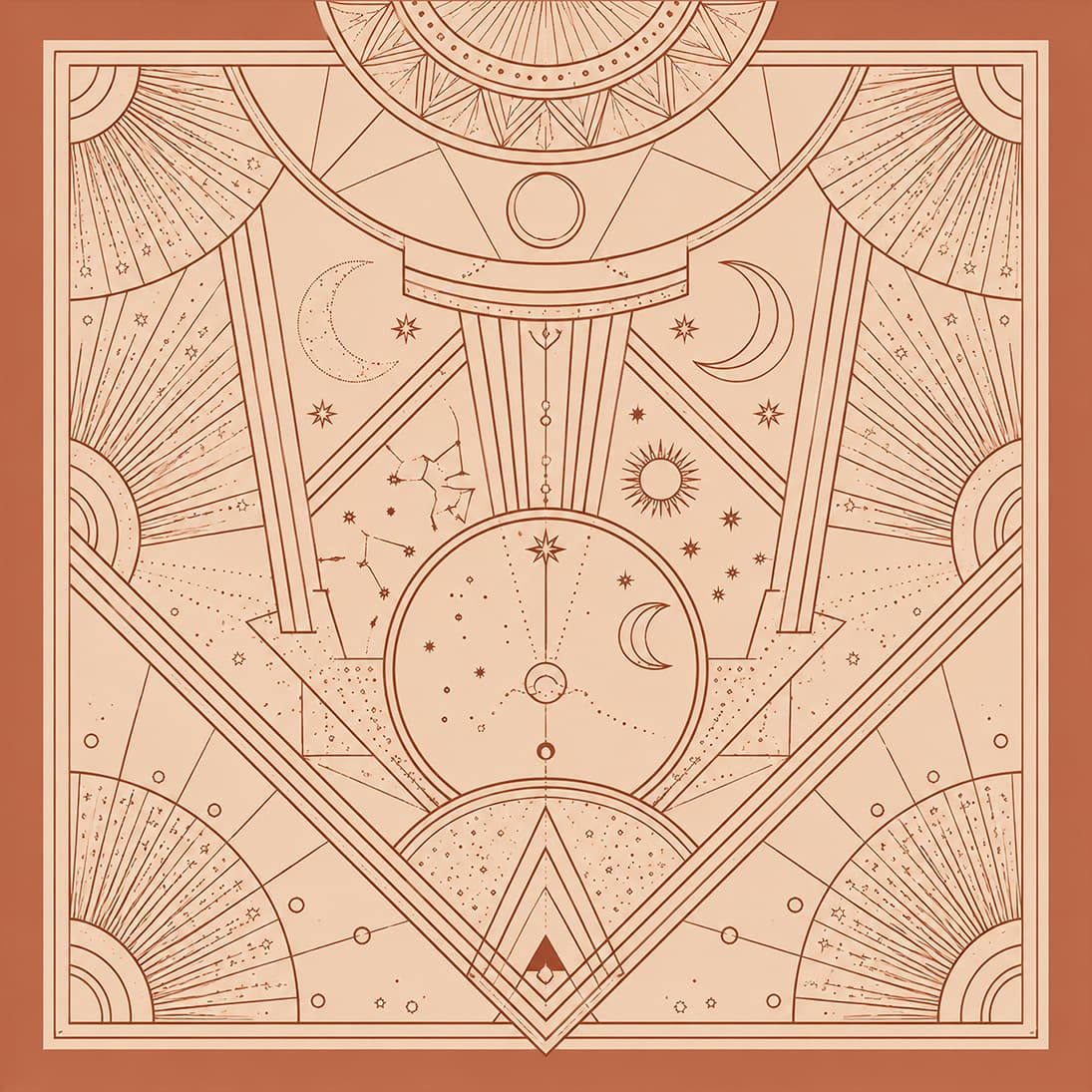 Architectures Célestes, à plat : courbes géométriques et gravures d'astres sur fond terracotta.