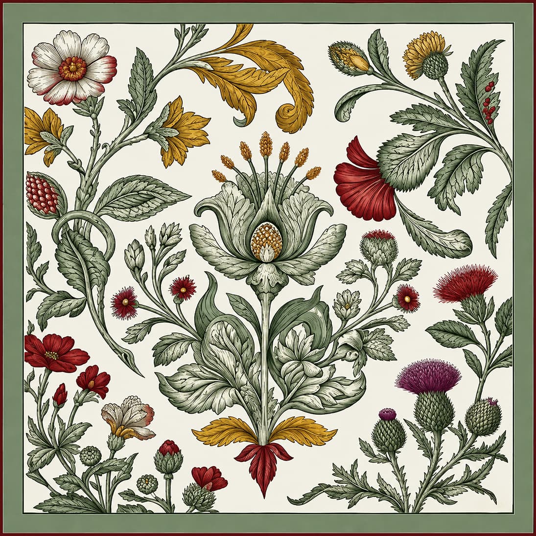 Le Botaniste Absolu, à plat : flore imaginaire gravée, une fleur différente à chaque coin.