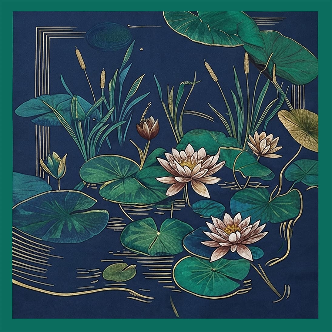L'Ombre du Nymphéa, à plat : nymphéas semi-abstraits sur fond bleu nuit.