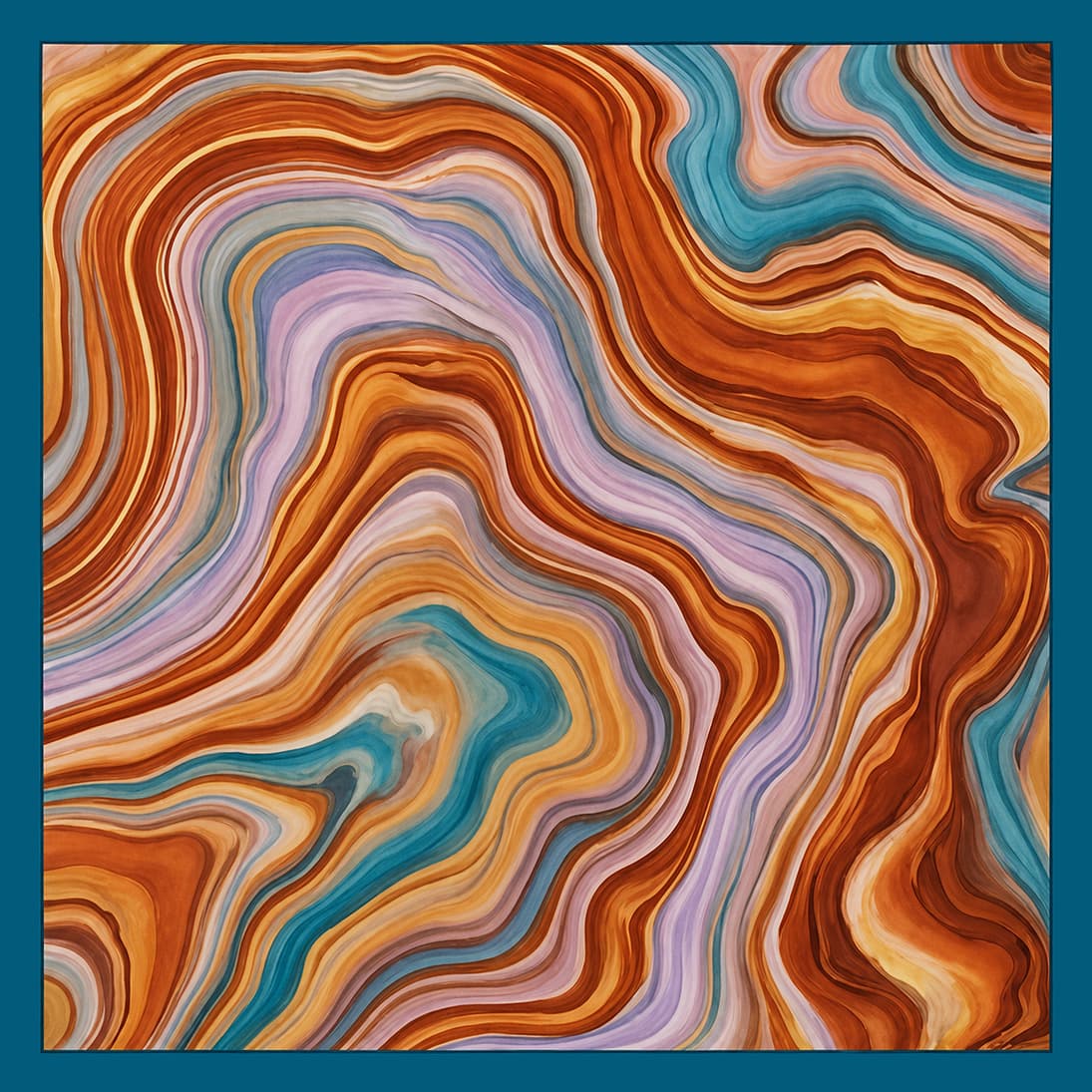 Opéra Minéral, à plat : marbrure fluide aux tons sienne, ocre, bleu pétrole et lilas.