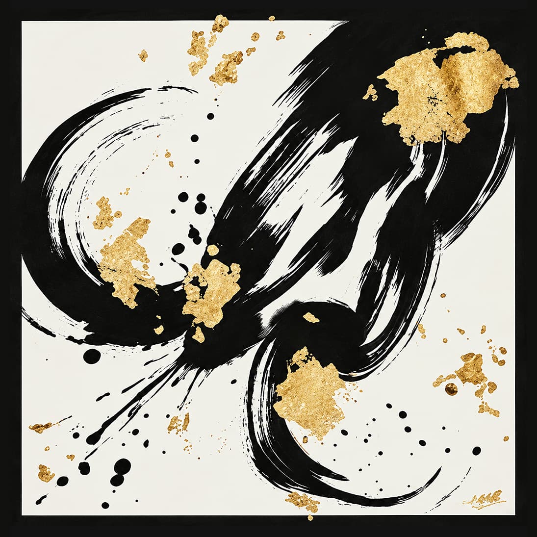 Poussière d'Or sur l'Encre, à plat : vague d'encre noire en diagonale et éclats dorés.