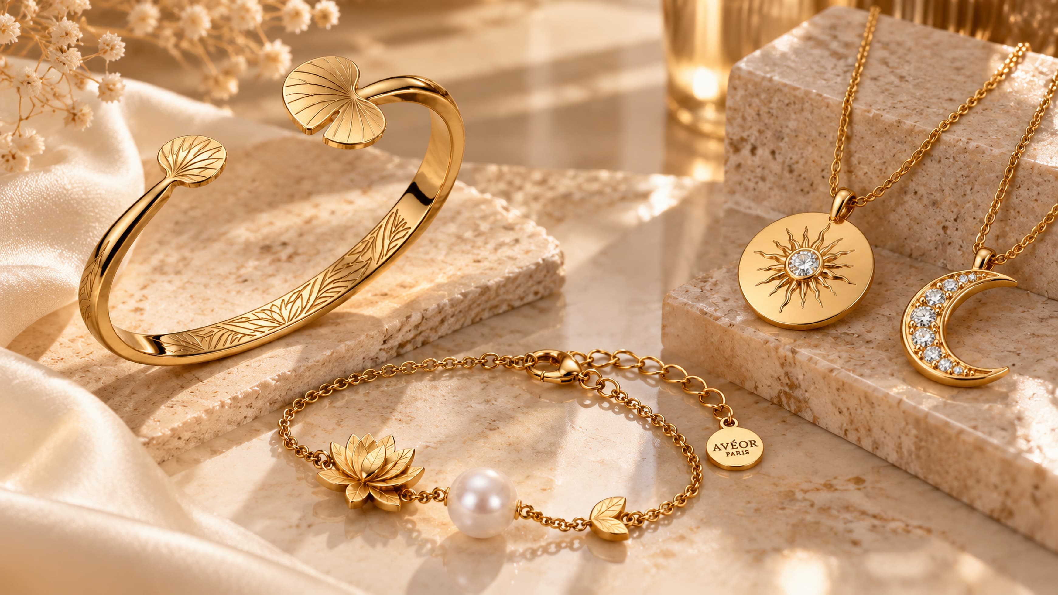 Bijoux dorés en acier inoxydable sur une pierre claire : jonc, bracelet à perle, pendentifs soleil et croissant de lune.