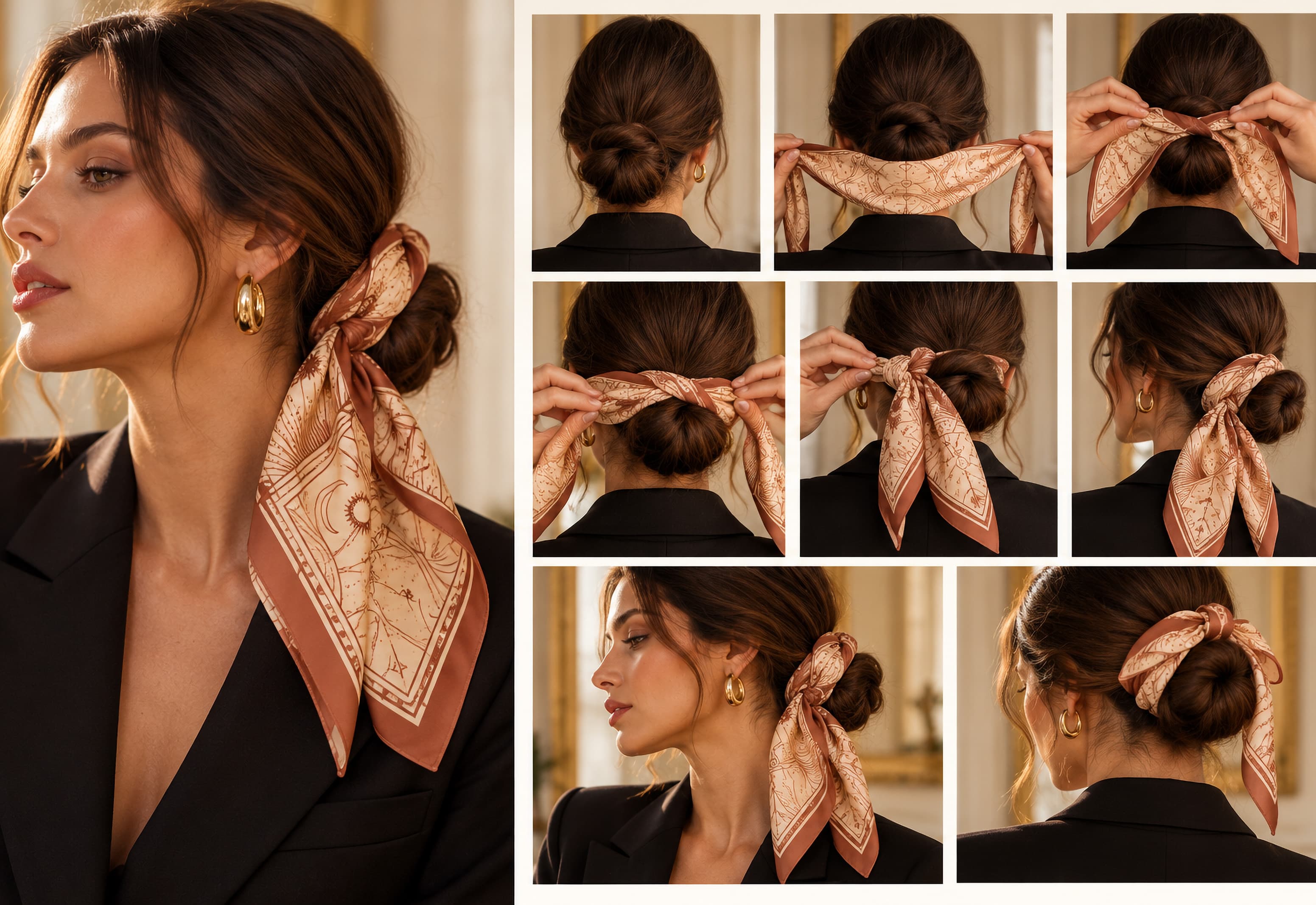 Chignon bas noué d'un carré de soie au motif céleste, et les étapes du nœud, pas à pas.