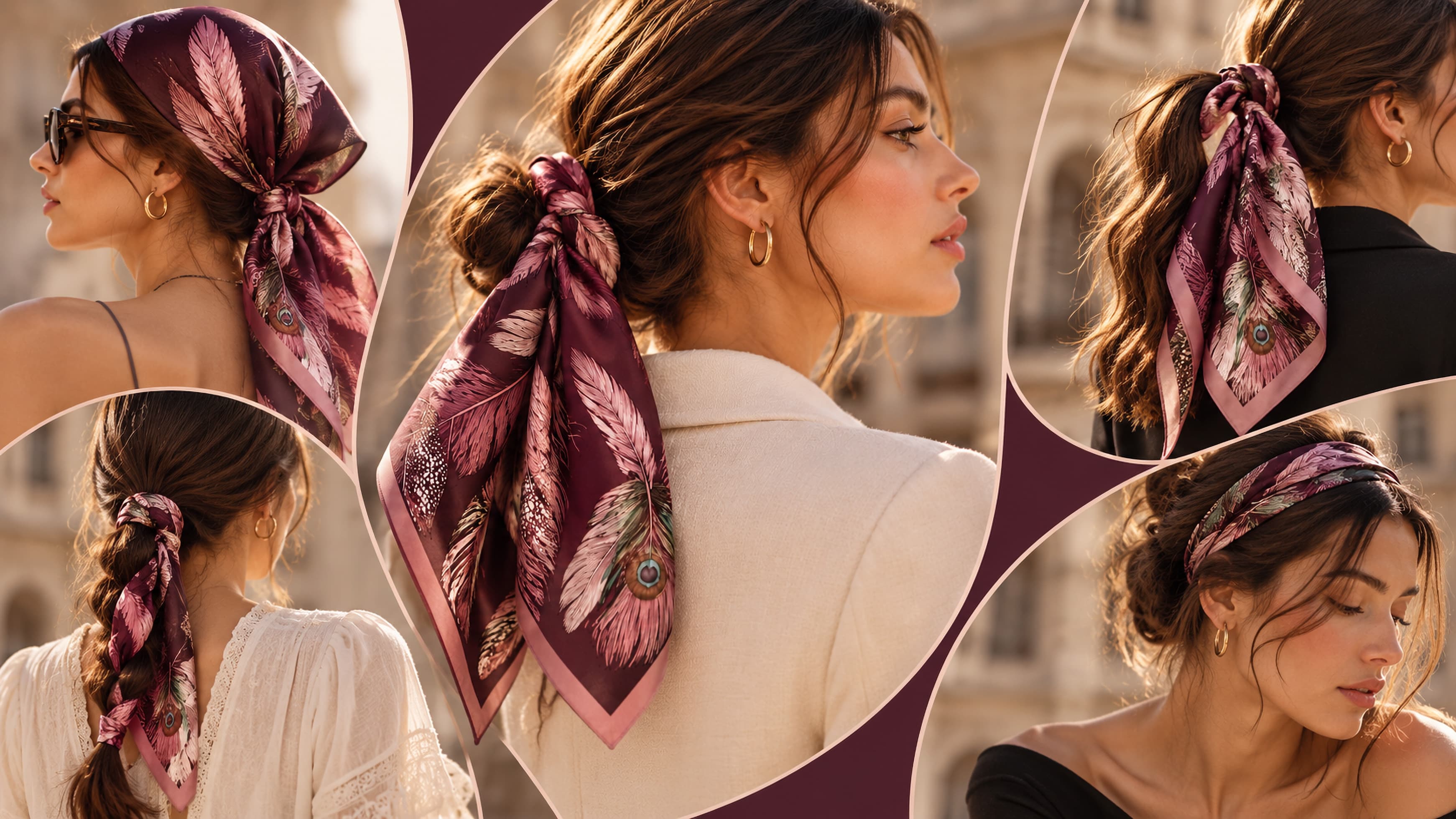 Un carré de soie aux plumes bordeaux porté de plusieurs façons dans les cheveux : chignon, queue-de-cheval, bandeau.