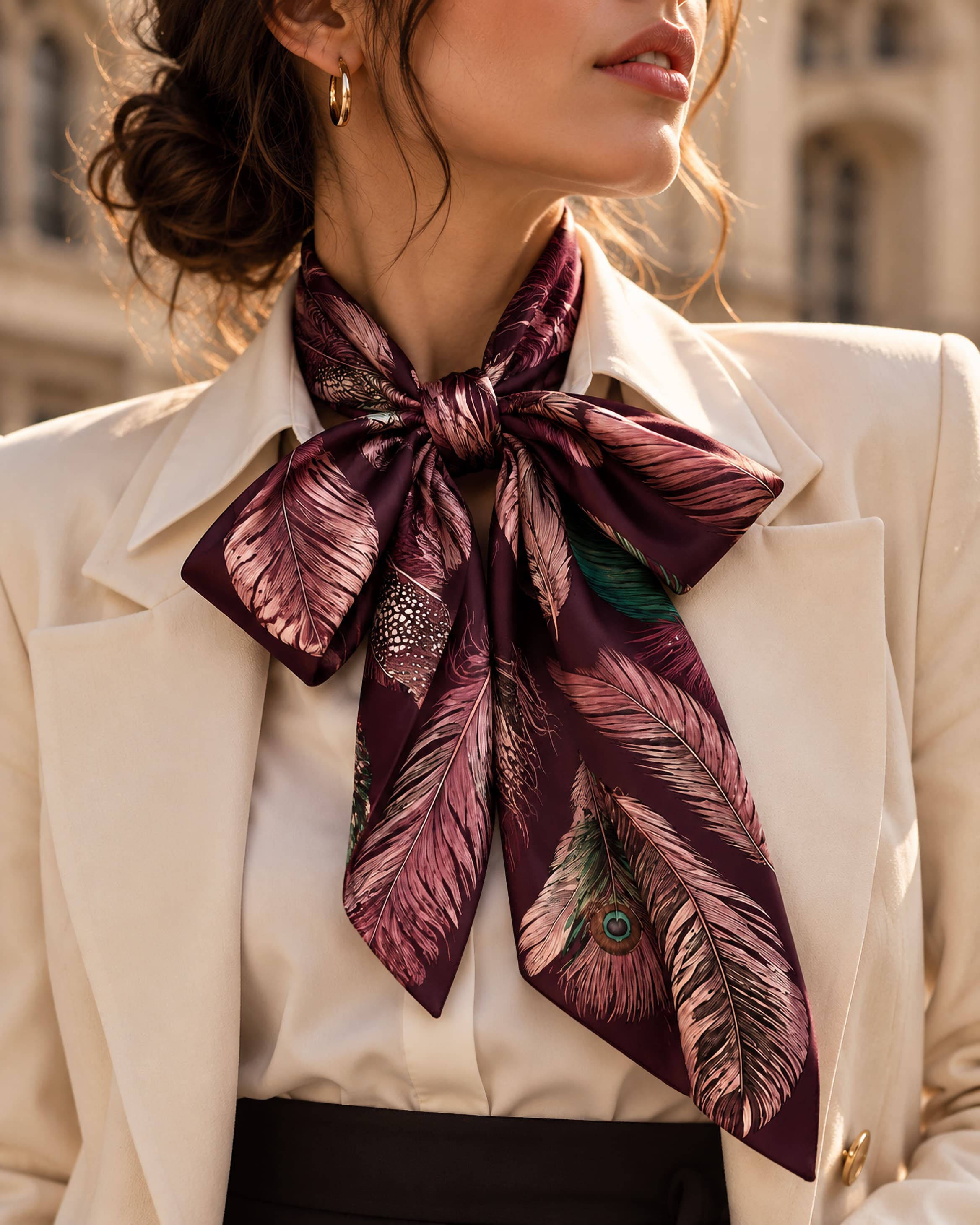 Carré de soie aux plumes bordeaux, noué en lavallière sur une chemise.