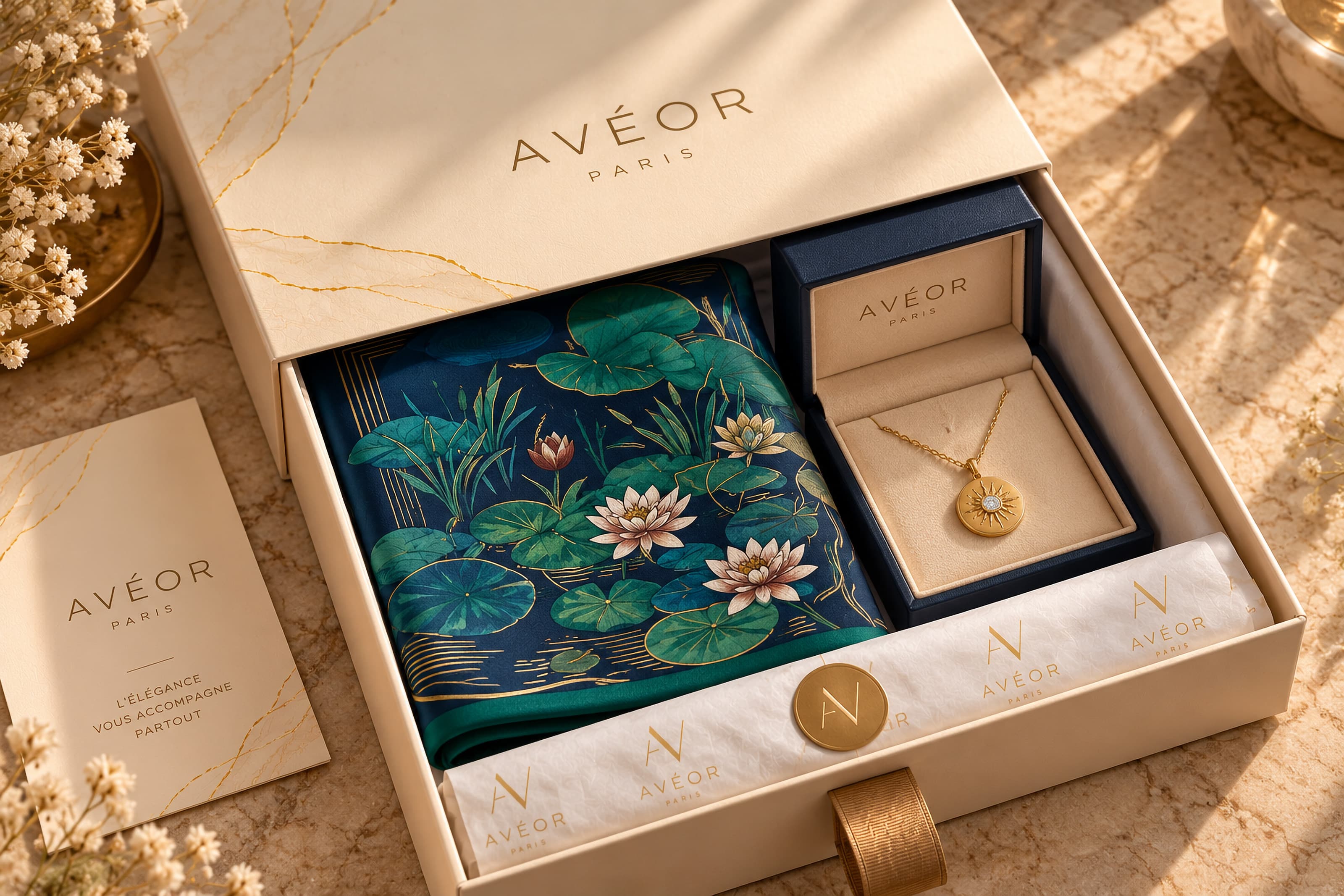 Coffret AVÉOR ouvert : un carré de soie aux nymphéas, un collier doré dans son écrin et une carte.