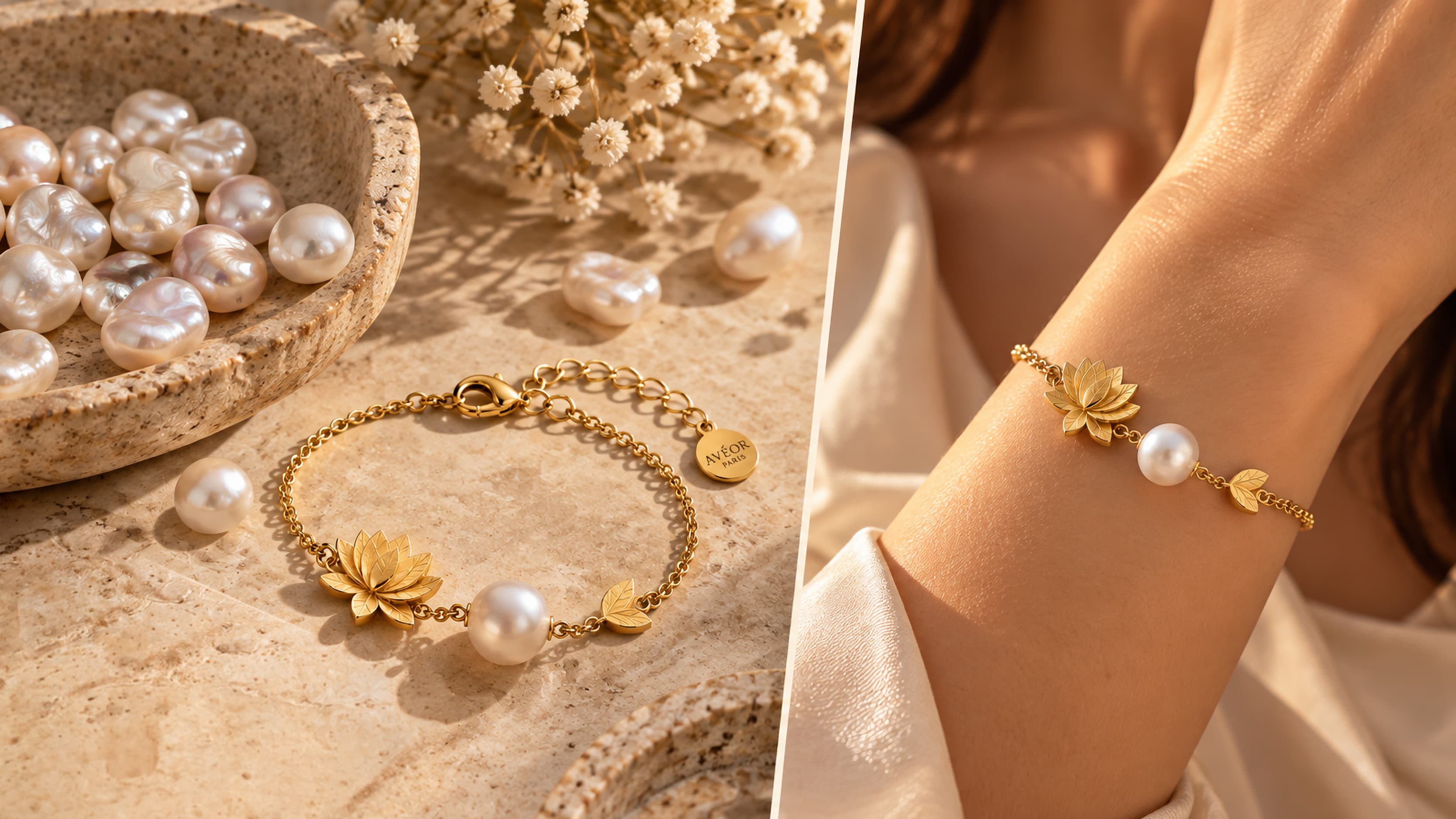 Un bracelet doré à perles d'eau douce, posé puis porté au poignet.