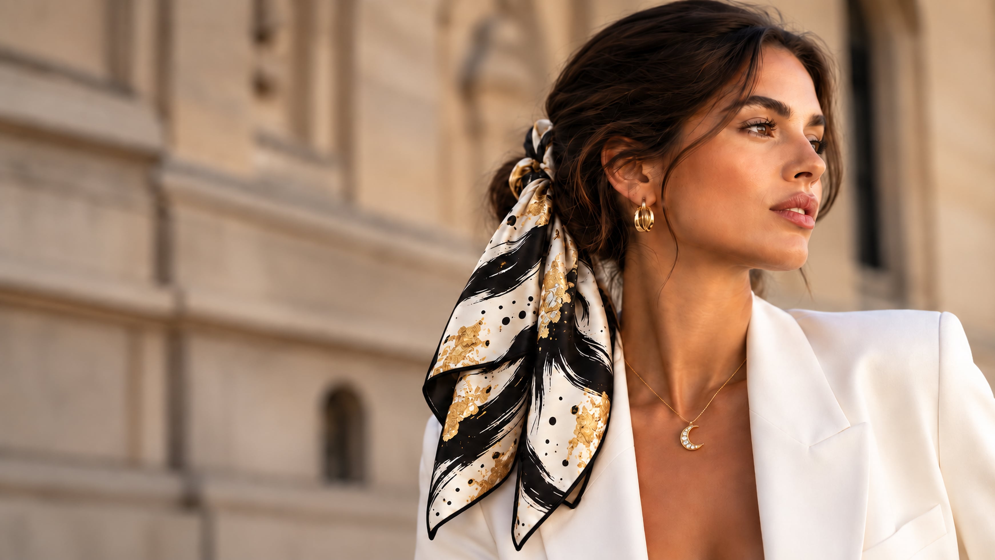 Woman wearing a black and gold silk scarf tied in her hair, with gold hoop earrings and a crescent moon necklace.