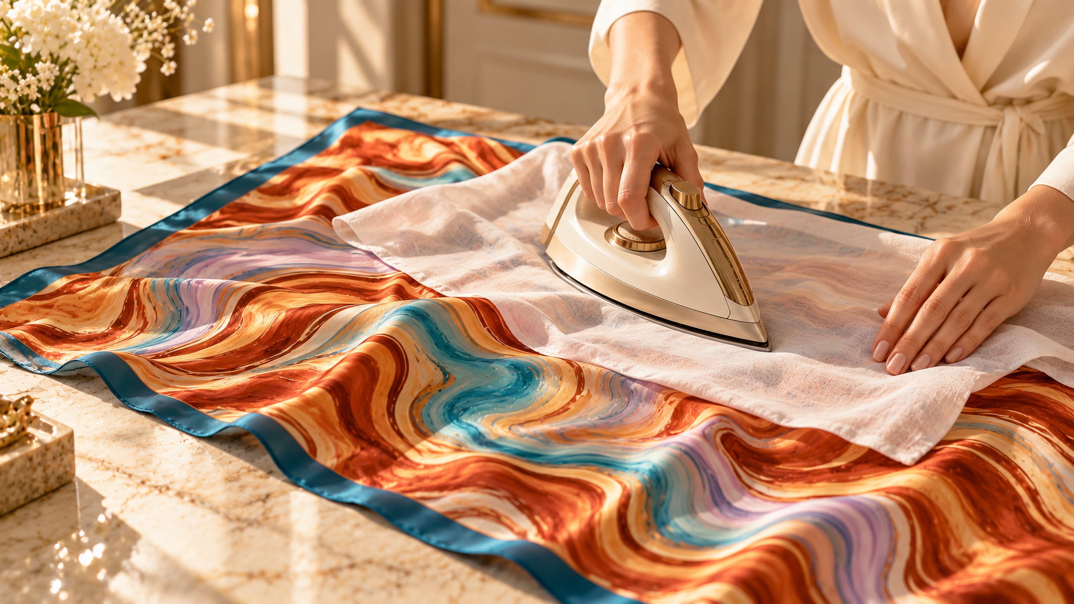 Carré de soie à plat, protégé d'un linge fin, fer posé à côté.